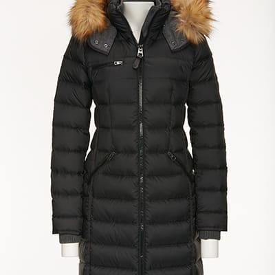 Black hooded winter coat with fur trim