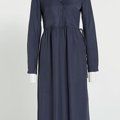 Navy blue long-sleeve midi dress on mannequin