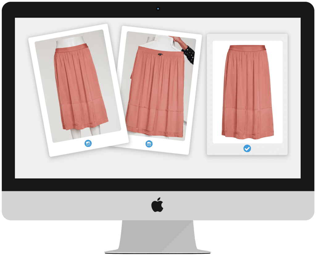 Three different views of a coral pleated skirt