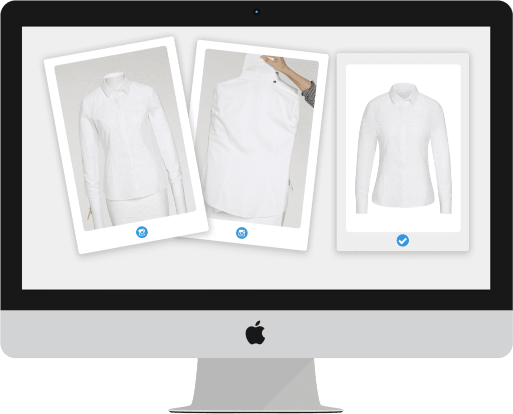 Three variations of white dress shirts displayed on monitor