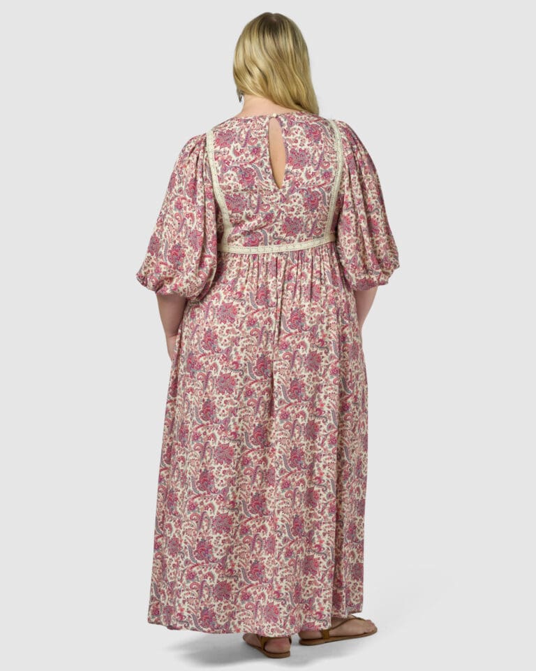 Woman in floral dress viewed from behind