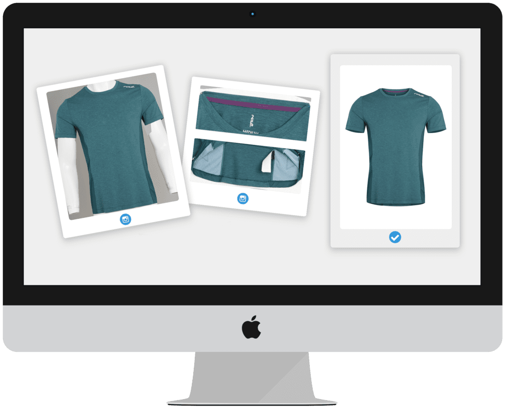 Display of three teal t-shirts on a computer screen