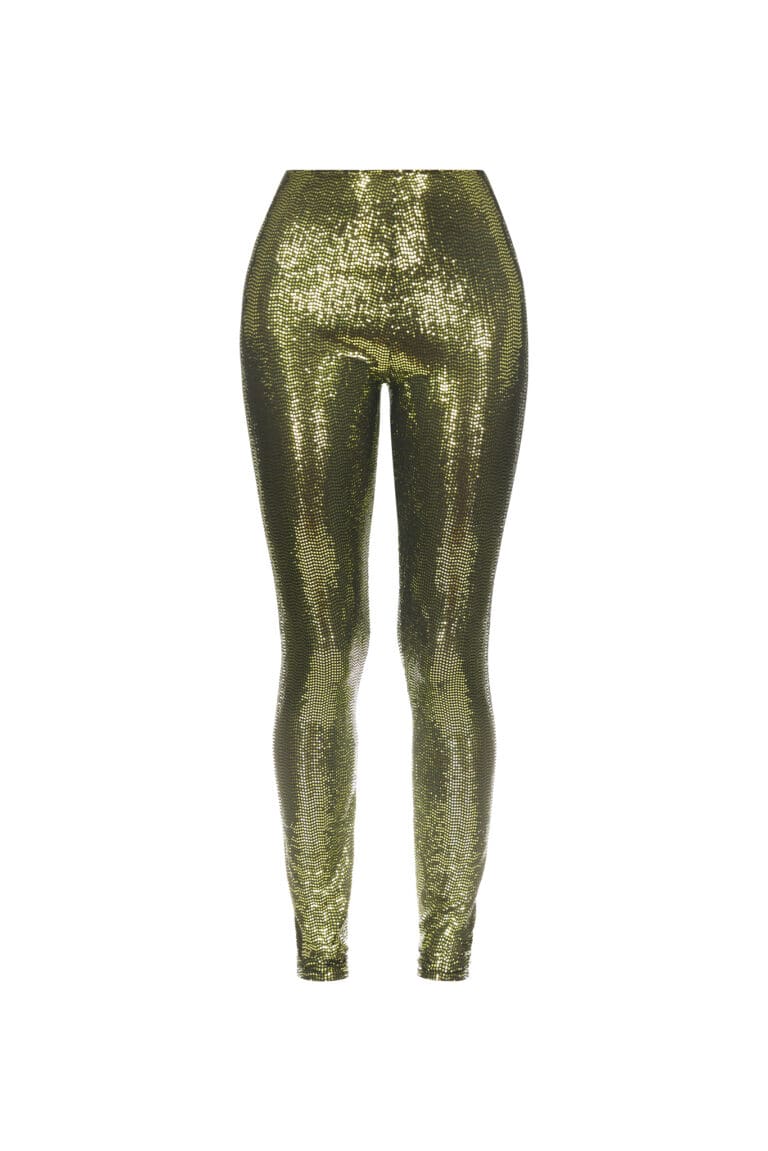 Green sequin leggings on white background