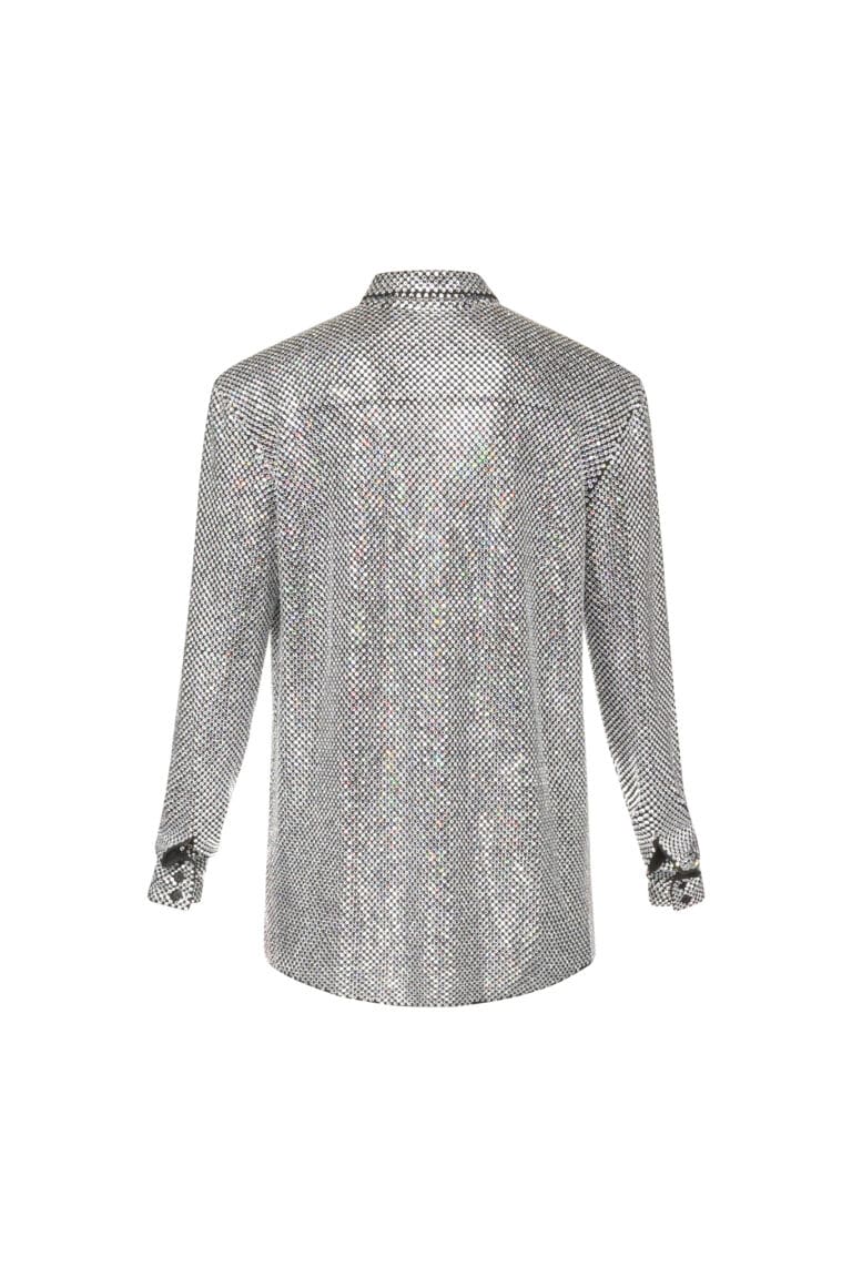 Silver sequined long-sleeve shirt on white background