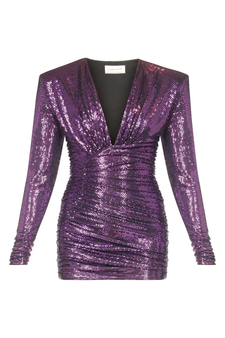 Purple sequined long-sleeve V-neck dress