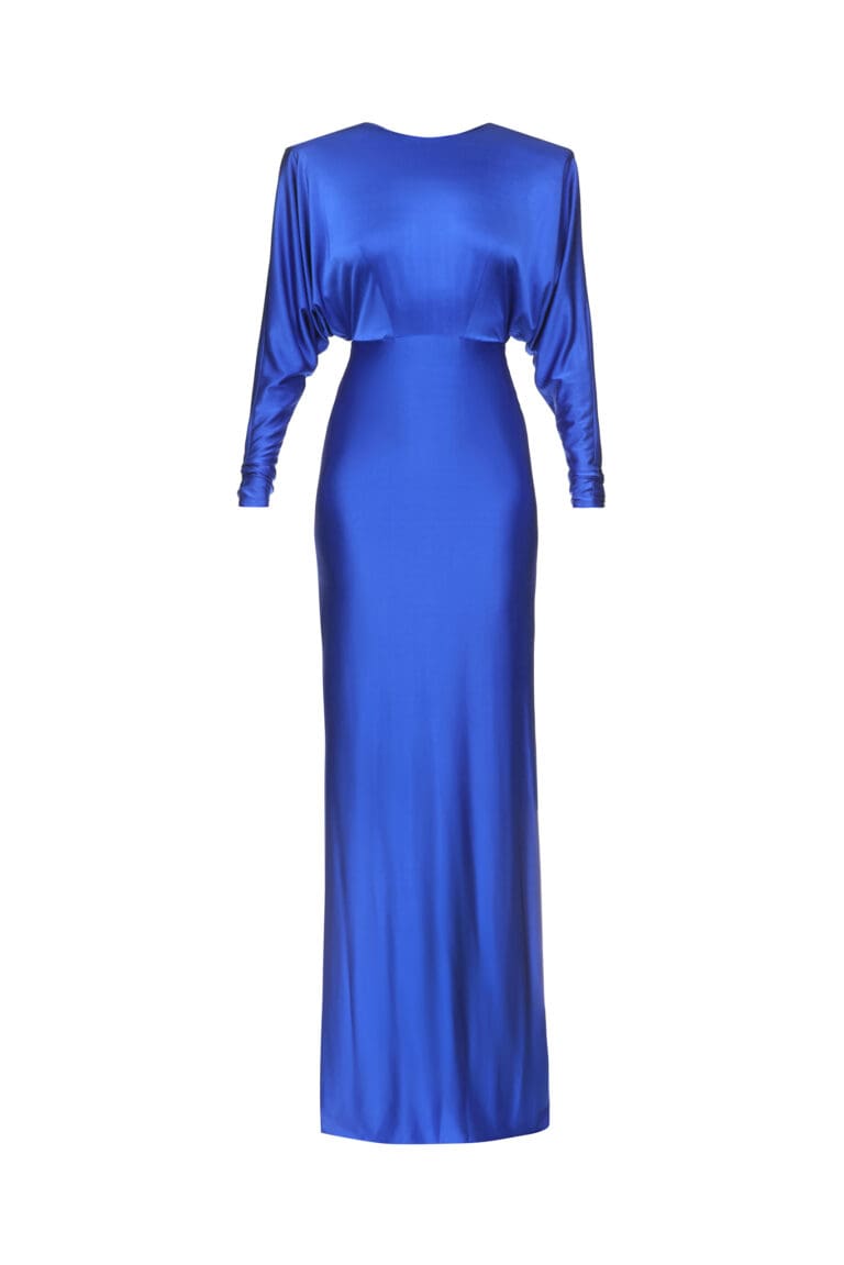 Elegant blue long-sleeve formal dress isolated on white