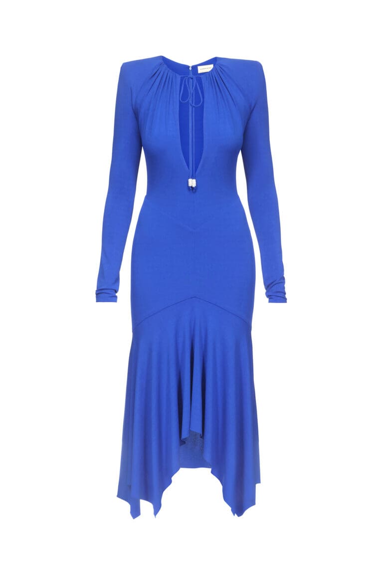 Blue long-sleeve dress with asymmetric hem and necklace