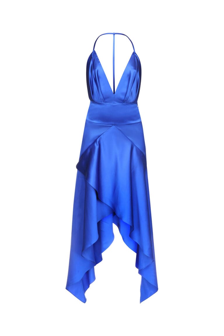 Blue satin asymmetrical halter dress