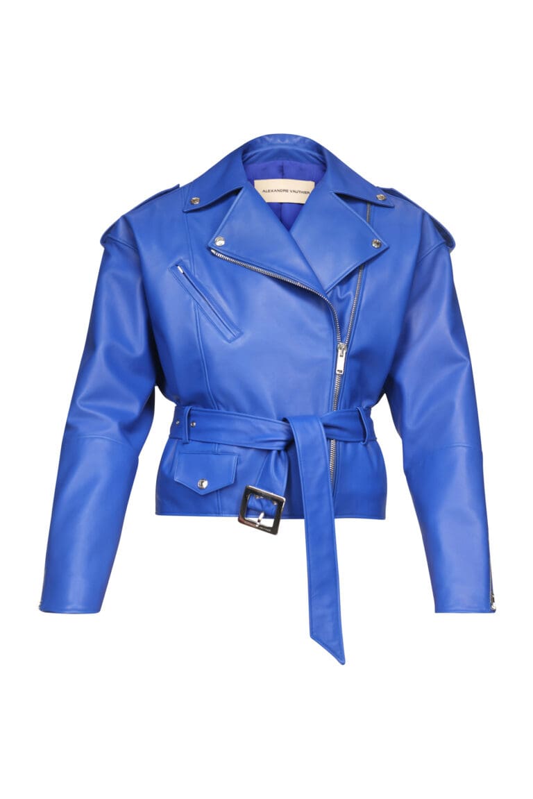 Bright blue leather biker jacket isolated on white