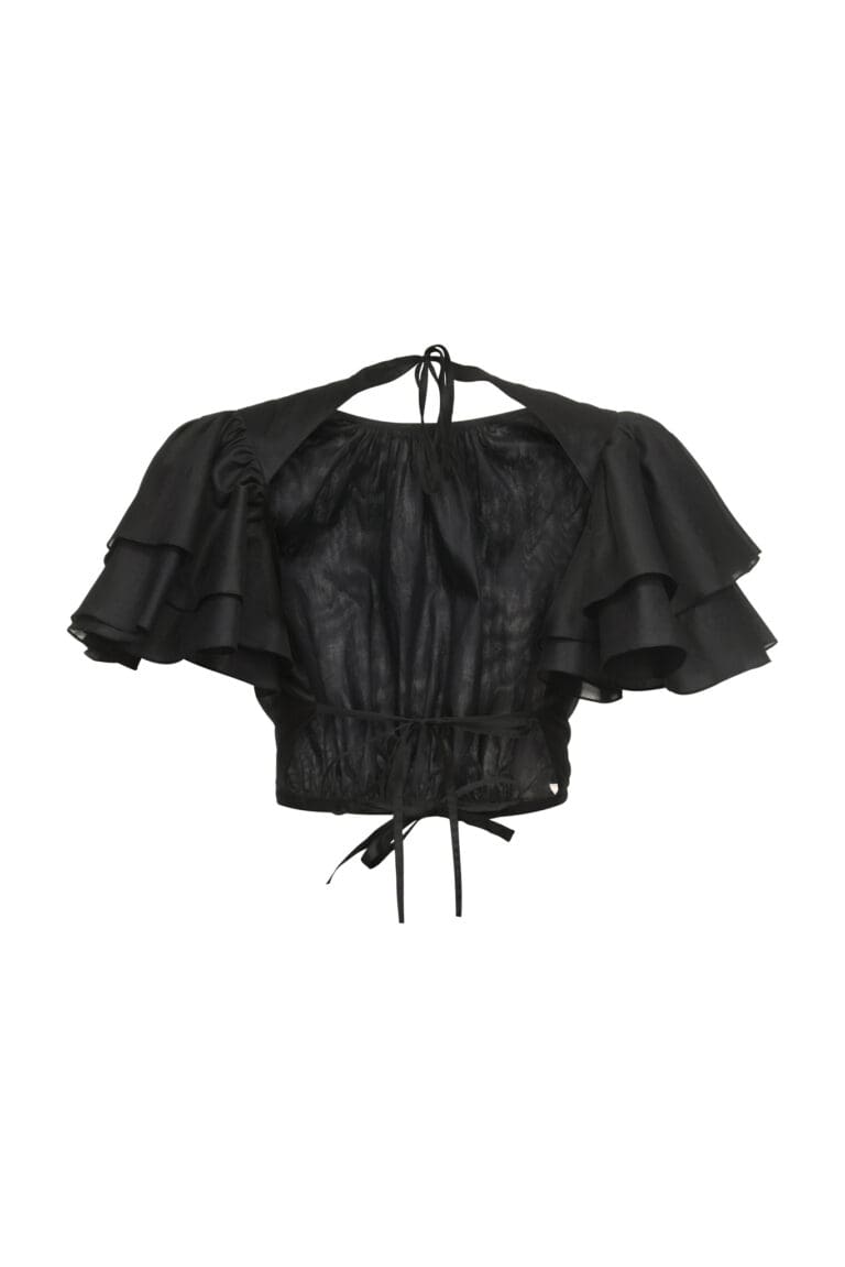 Black ruffled crop top with tie front