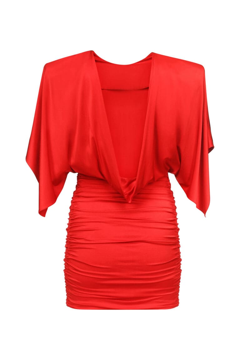 Elegant red dress with draped neckline and ruched skirt